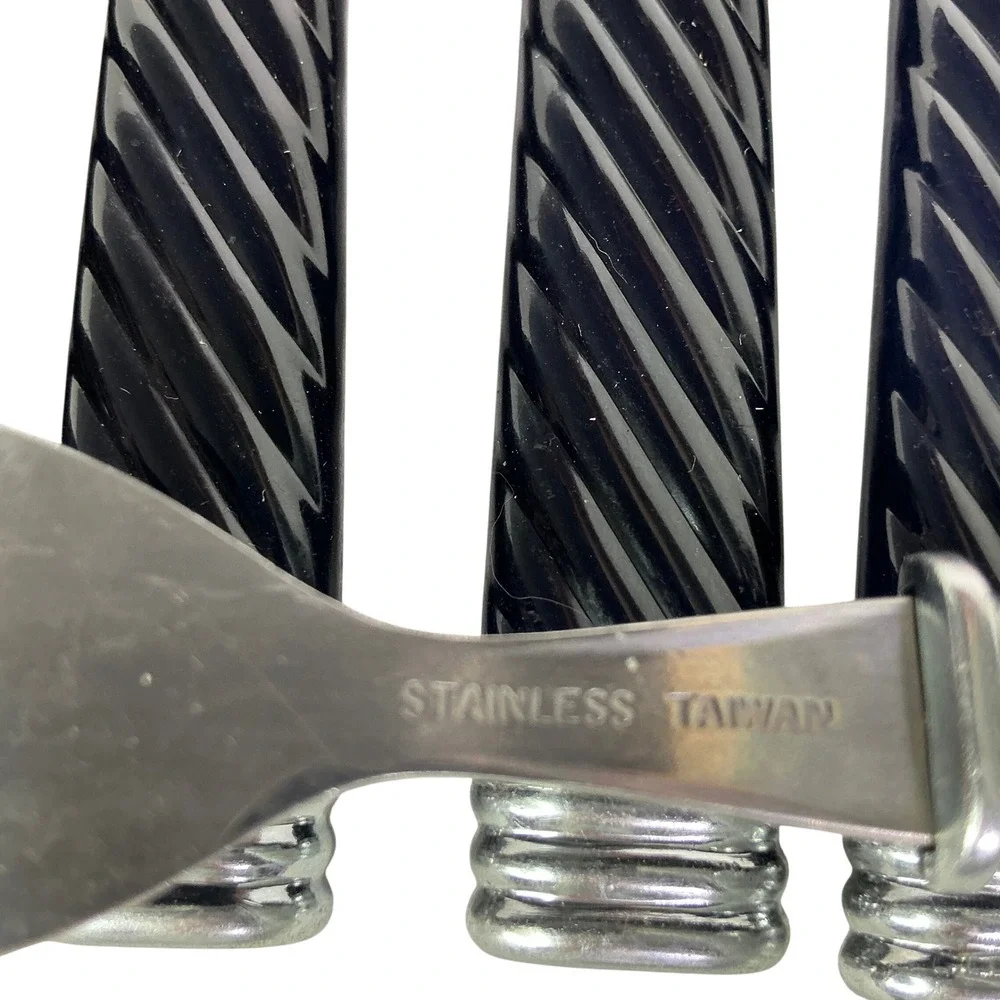 Vtg Stainless Taiwan Black Spiral Handle Flatware Set 30 Knives Forks Spoon MCMs